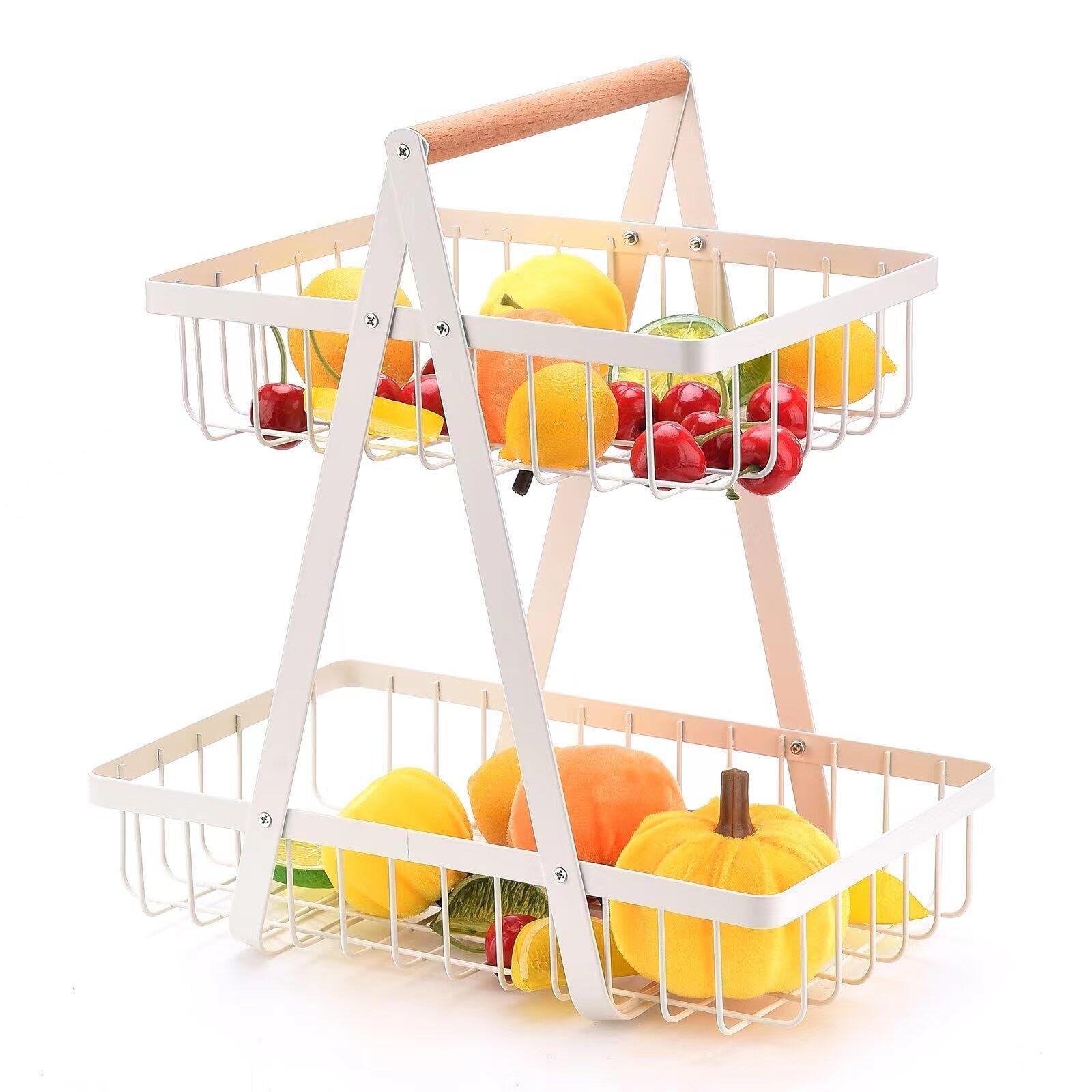 Fruit Storage Organizer 2 Tier Vegetable Storage Rack, Detachable Assembly & Convenient Storage Wooden Hand Basket Wrought Iron Fruit Rack Fruit Basket Double Storage Double-Layer (white)