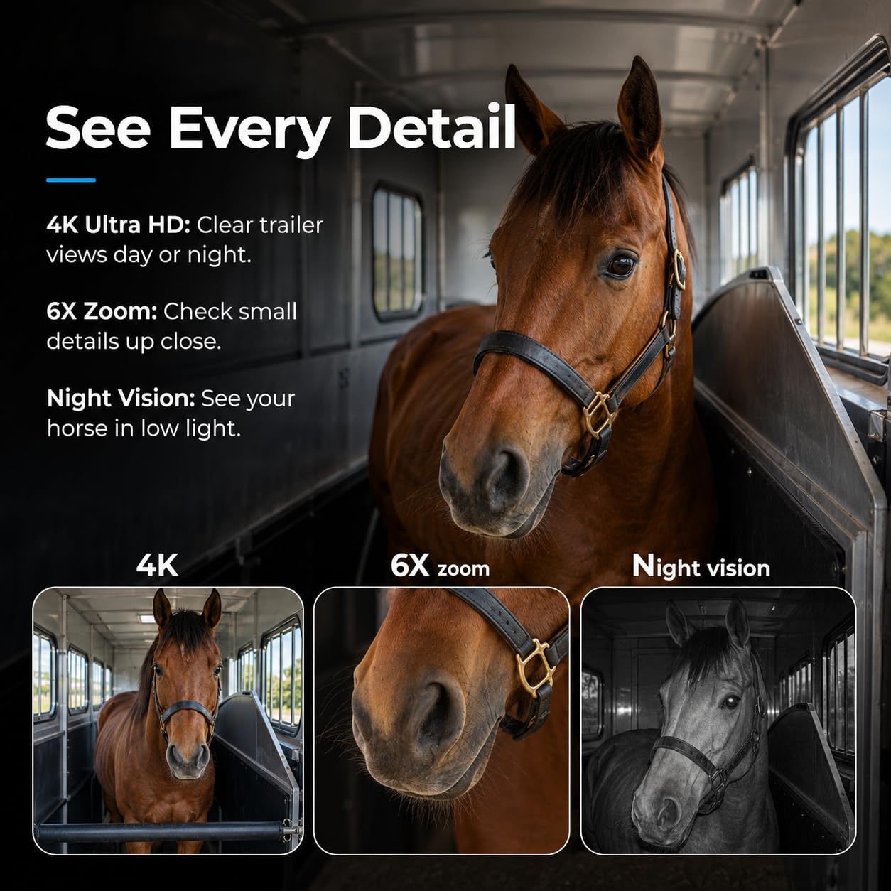 NomadEye Cámara Inalámbrica para Remolque de Caballos – Vídeo 4K en Directo al Móvil, Visión Nocturna, Audio Bidireccional, Batería de 15H, Soporte Magnético – Sin WiFi del Remolque