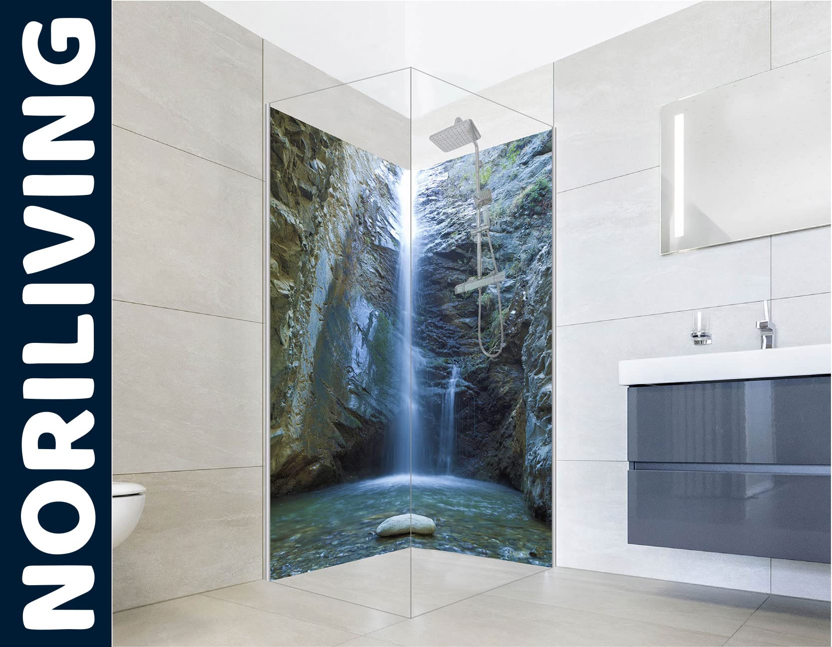 Duschrückwand Fliesenersatz Dusche 90x200 cm Motiv Wasserfall Chantara | Duschwand ohne Bohren 2 teilig | Wandverkleidung Bad Aluverbundplatte 3 mm