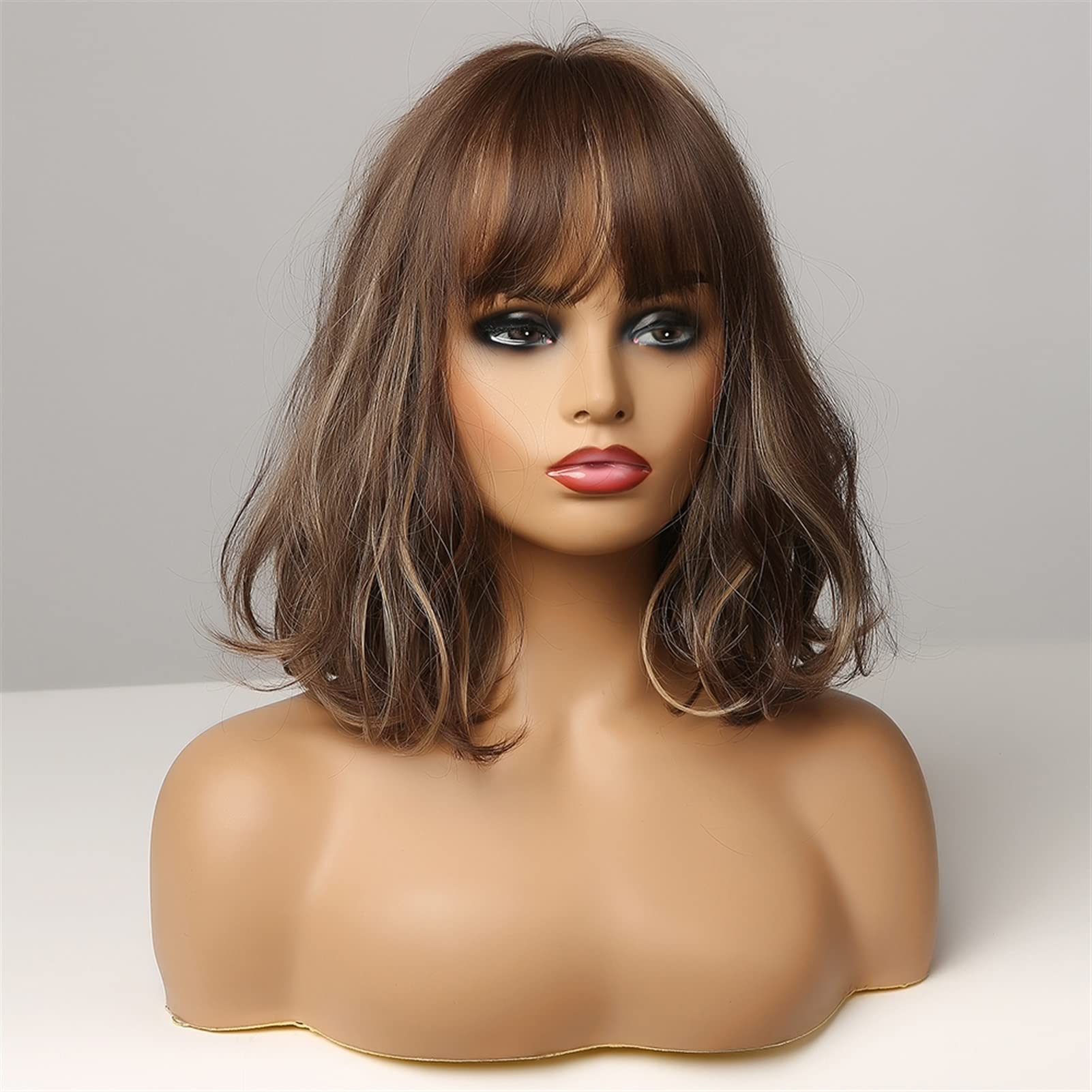 Krótki Walczasty Bobo Syntetyczna Peruka z Bangs Brown Honey Golden Cosplay podświetleniem dla kobiet