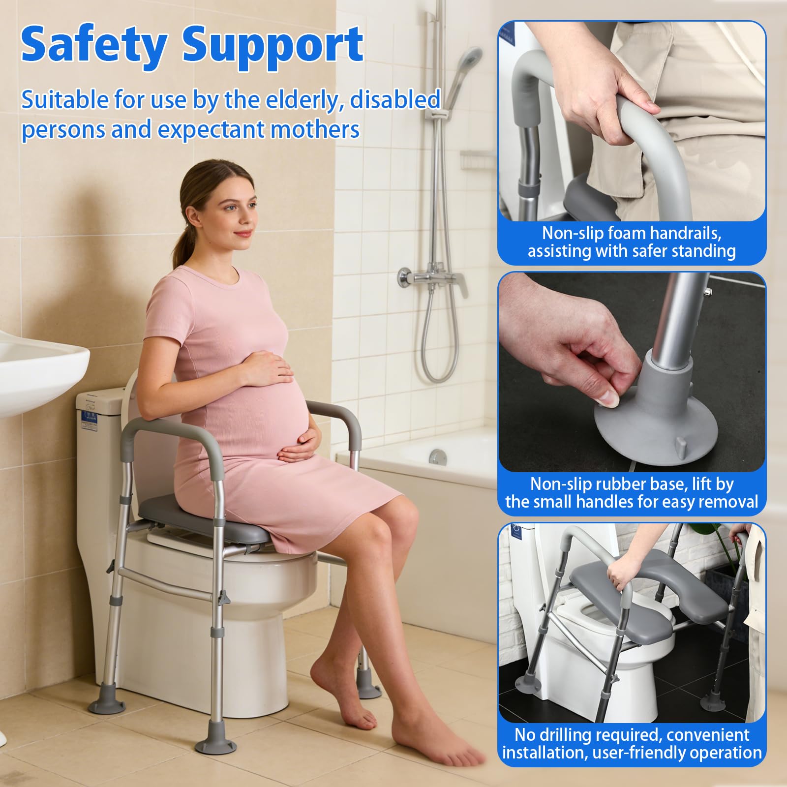 Rialzo per sedile WC per anziani con maniglie, in alluminio, con sedile imbottito, regolabile in altezza e larghezza, per anziani con handicap, bagno in gravidanza, fino a 181,4 kg, adatto a qualsiasi