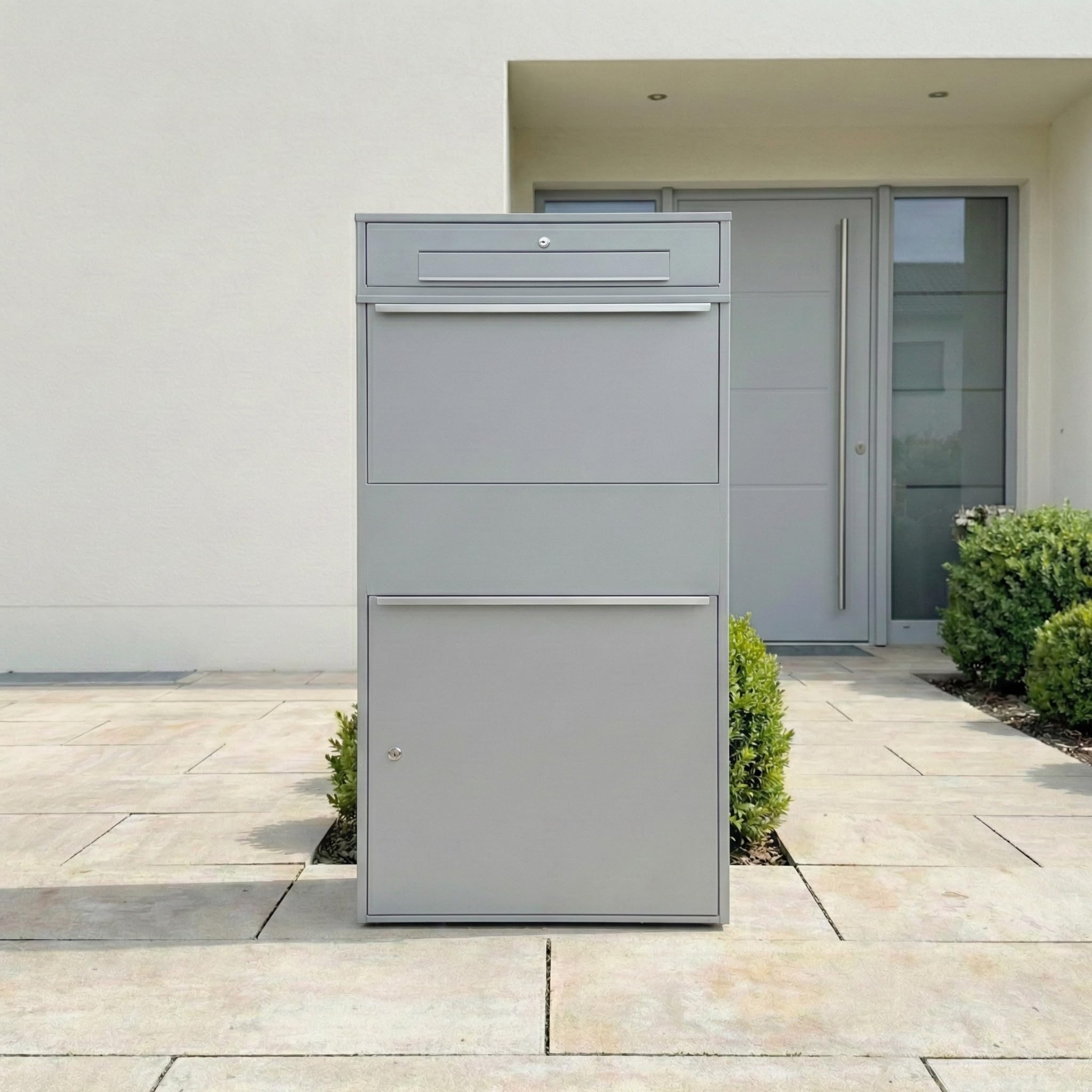 Metzler Paketbox groß XXL Briefkasten mit Paketfach RAL 9007 Graualuminium Standbriefkasten Wasserdicht rostfrei massiv Bispo Max