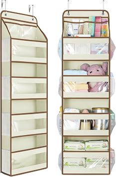 Yecaye 5 Tier Over the Door Organizer, Swing-proof Door Organizer Hanging with Clear PVC Windows, Behind the Door Storage for Bedroom Nursery Closet Laundry Pantry Bathroom, Beige