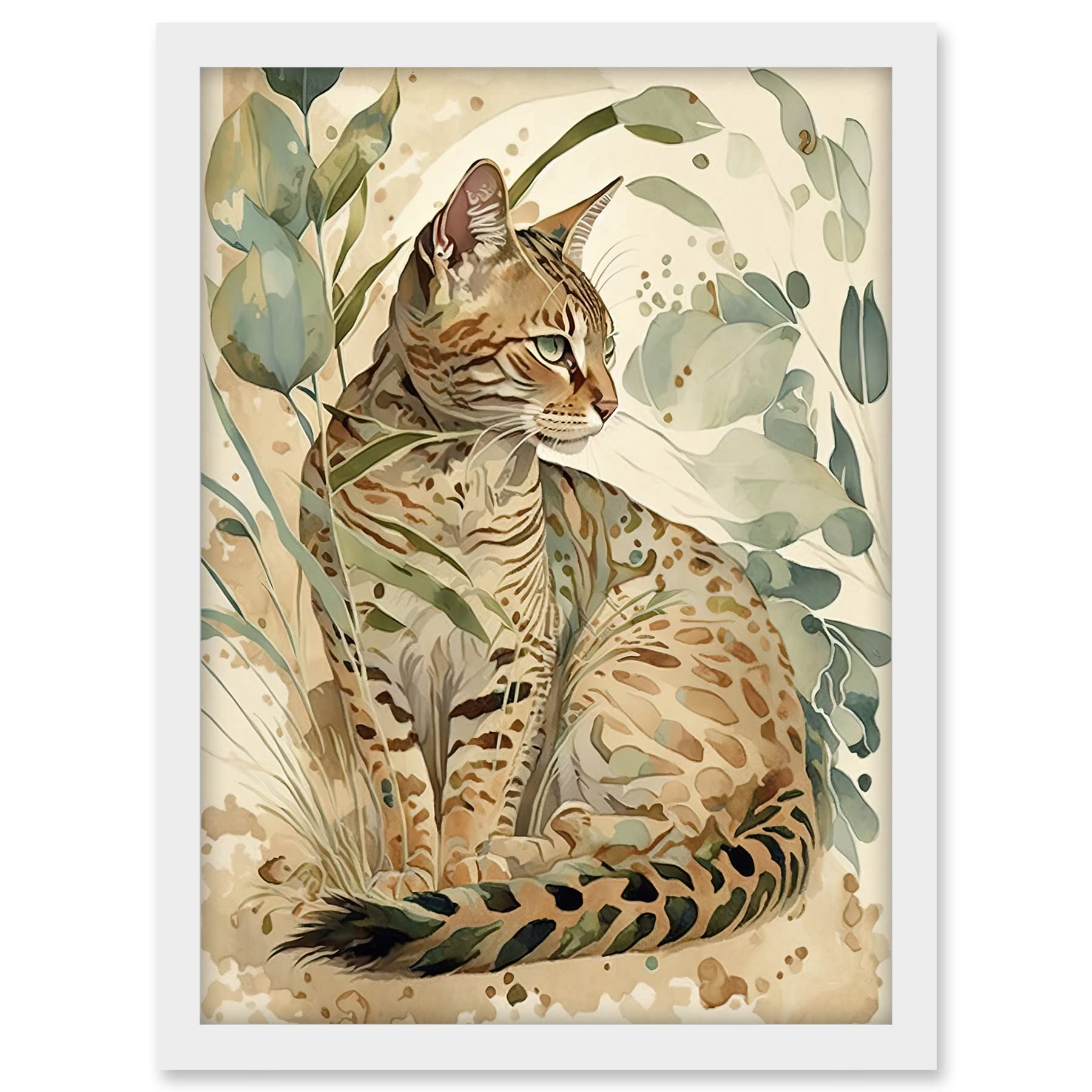 Artery8 Spotted Fur Coat Bengal Cat in Nature Pastel Watercolour Illustration Artwork Framed A3 Wall Art Print