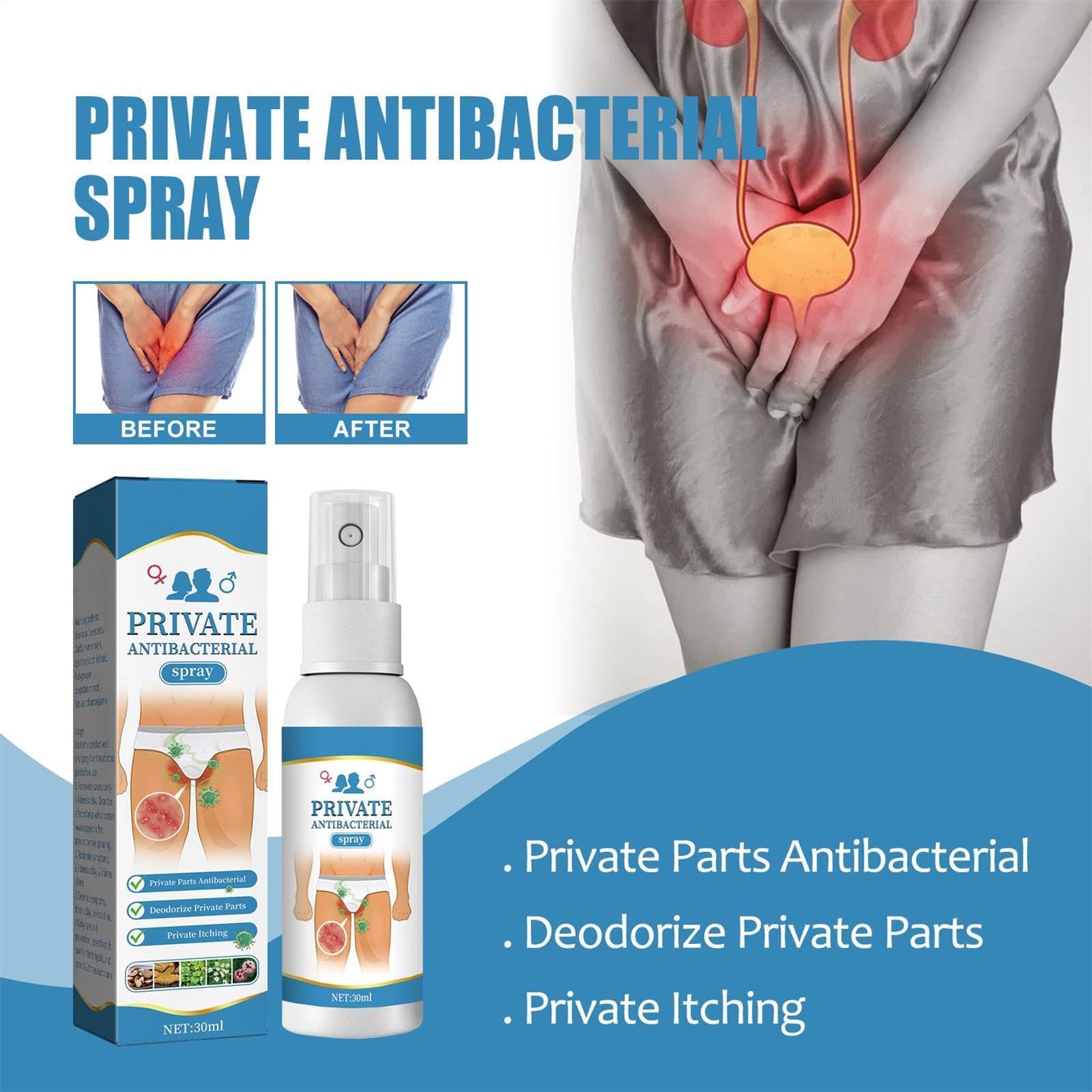 Spray antibatterico per le parti intime, rinfrescante e lenitivo istantaneo, antiprurito corpo batteriostatico per uomo e donna