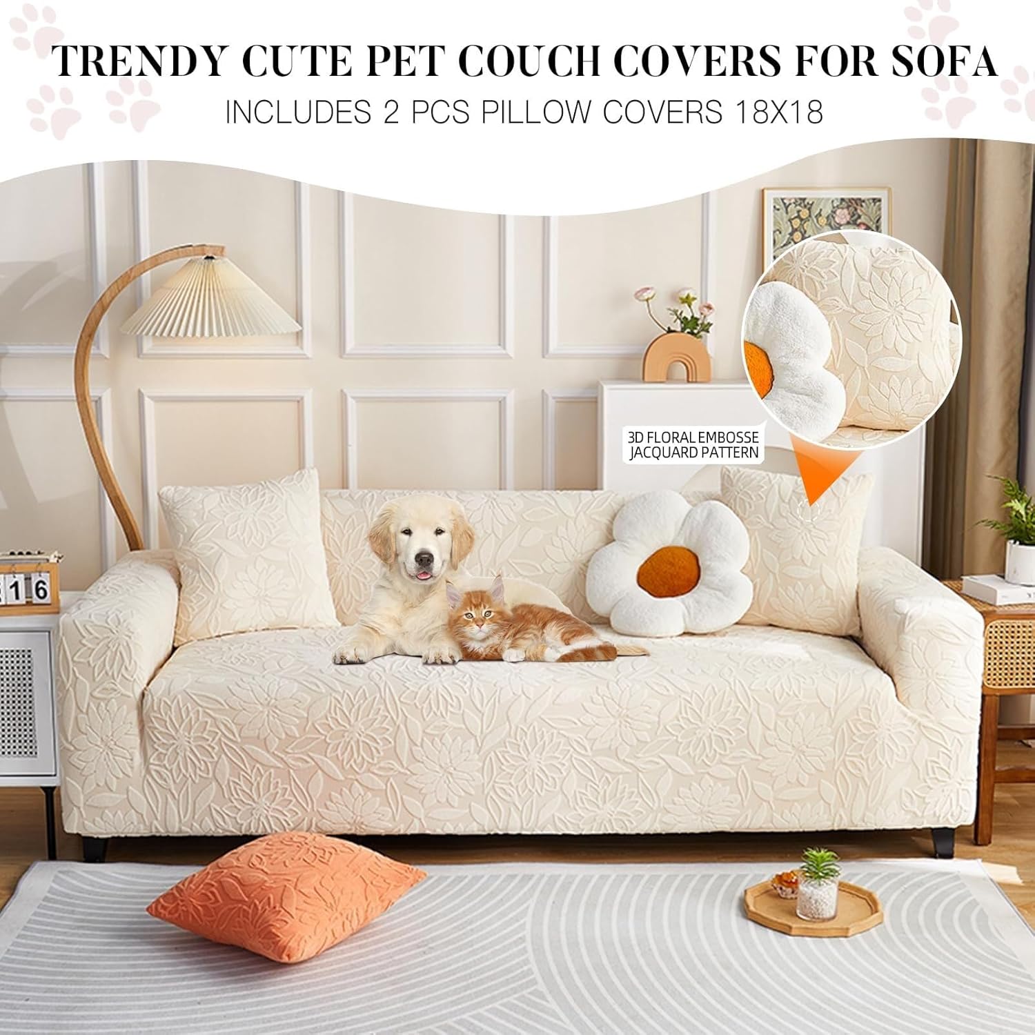 Fully Covered Jacquard Elastic Sofa Cover, Anti-cat Scratch and dustproof Sofa Cover(Cream White,Double seat)