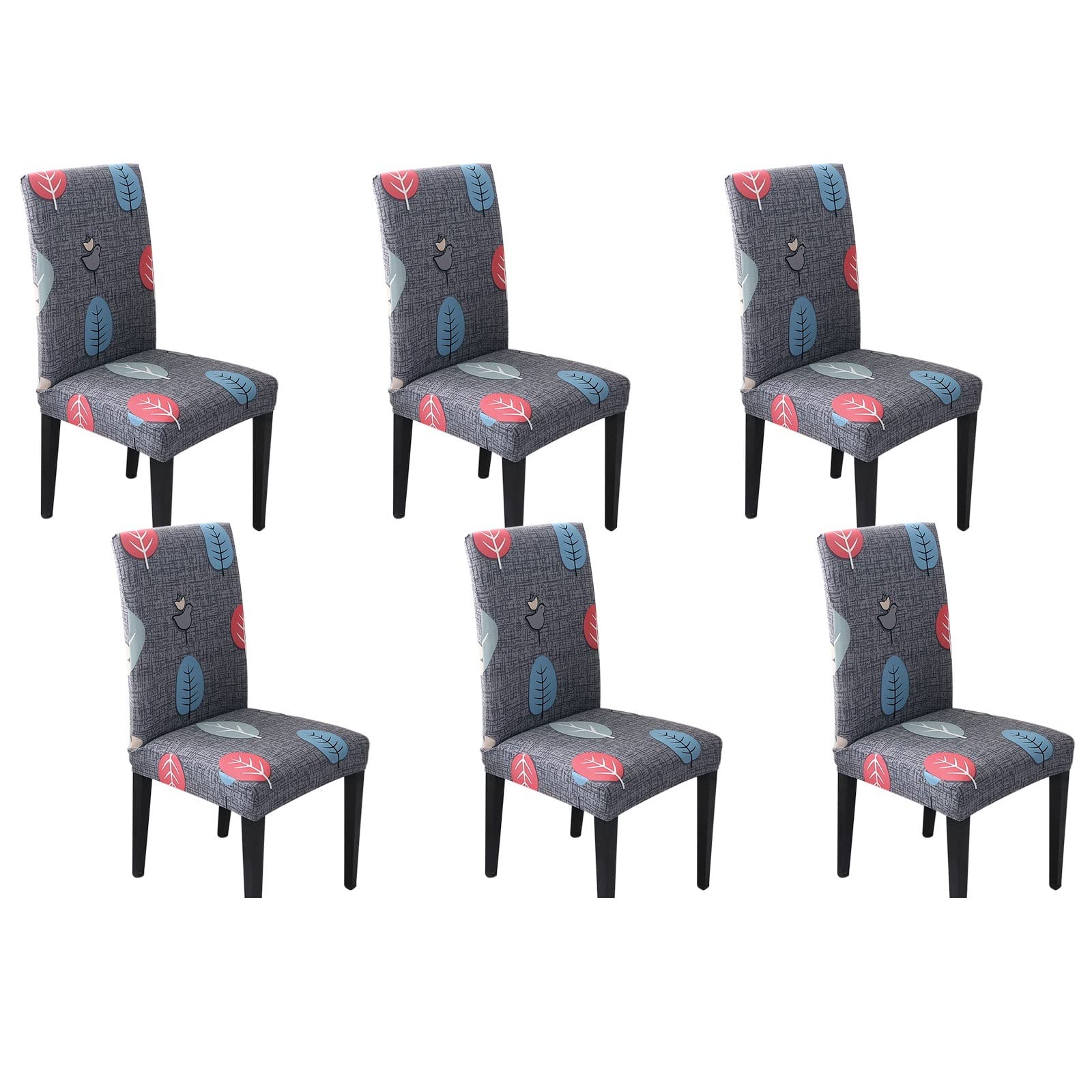 Housse de chaises extensible pour repas de famille motif feuille oiseau gris bleu rose lot de 6