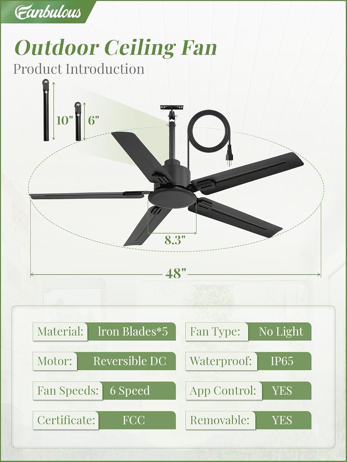 Fanbulous 48'' Outdoor Ceiling Fan No Light,IP65 Wet Rated Waterproof Ceiling Fan with Remote, 6-Speed DC Motor, Farmhouse Gazebo Fan for Porch Patios Pavilion(Black)