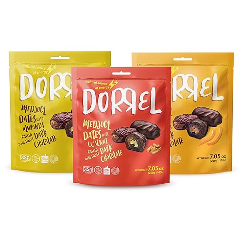 Miniatura 42 de DORREL - Dátiles cubiertos de chocolate negro belga (Medjool) con relleno de cacahuetes salados, aperitivo de chocolate vegano de alta energía