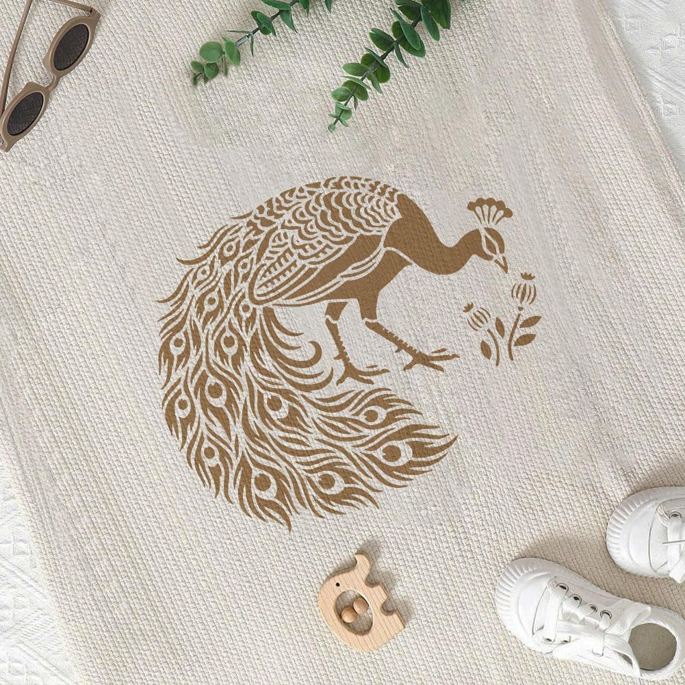 FINGERINSPIRE 4 Pcs Peacock Painting Stencil with Paintbrush 11.8x11.8 inch Peacock Feather Stencils Reusable PET Animal Theme Stencils for Painting on Wood Wall Furniture Fabric Home Decor