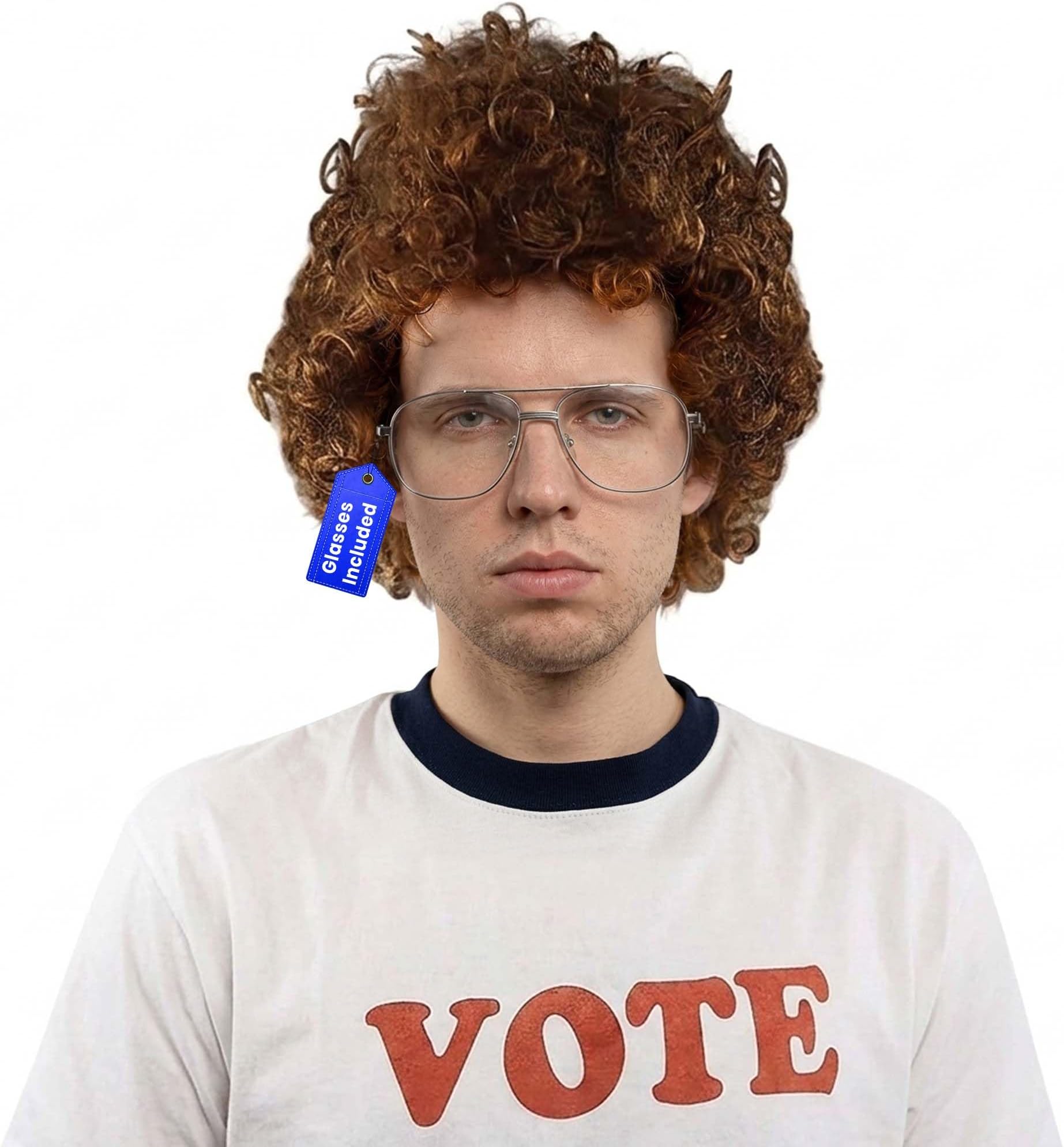 Compatible with Napoleon Dynamite Wig โ Pedro Costume Set with Glasses & Brown Afro Nerd Hair for Adults โ Funny 80s Halloween Outfit, Retro Cosplay, Movie-Inspired Party or Couples Costume