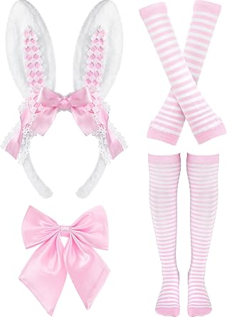 SATINIOR 4 Pcs Easter Bunny Ears Bow Tie Socks Arm Warmers,Classic Style