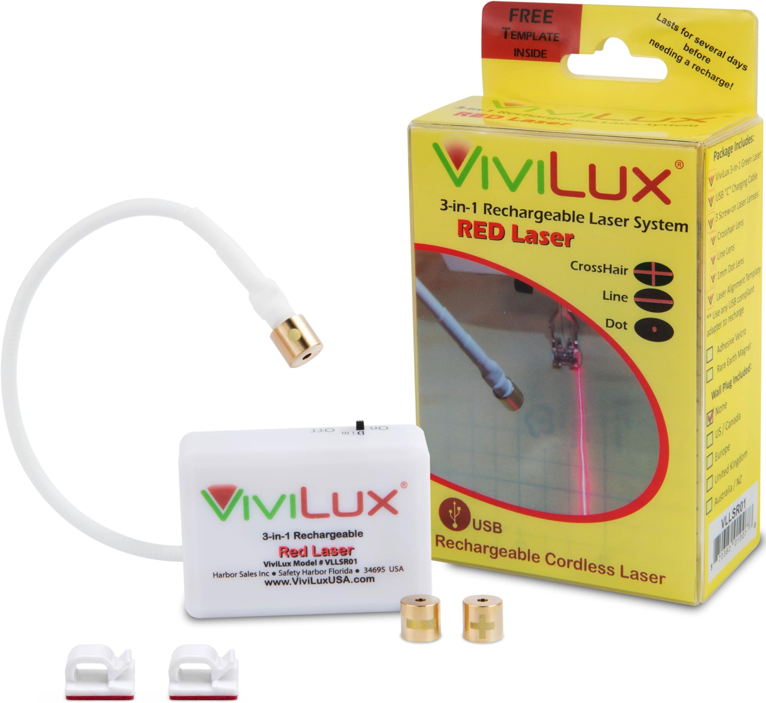 ViviLux 3-in-1 Rechargeable Red Laser System for Sewing & Quilting – Adjustable Line, Crosshair, and Dot Laser Heads, Improve Sewing Accuracy