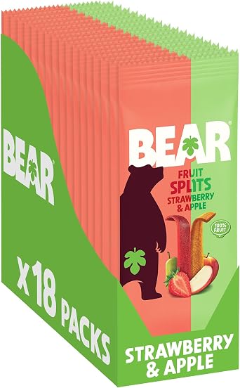 BEAR Fruit Splits Strawberry & Apple Pack of 18   100% Fruit, No Added Sugar, Ideal lunchbox snack for kids or On the Go