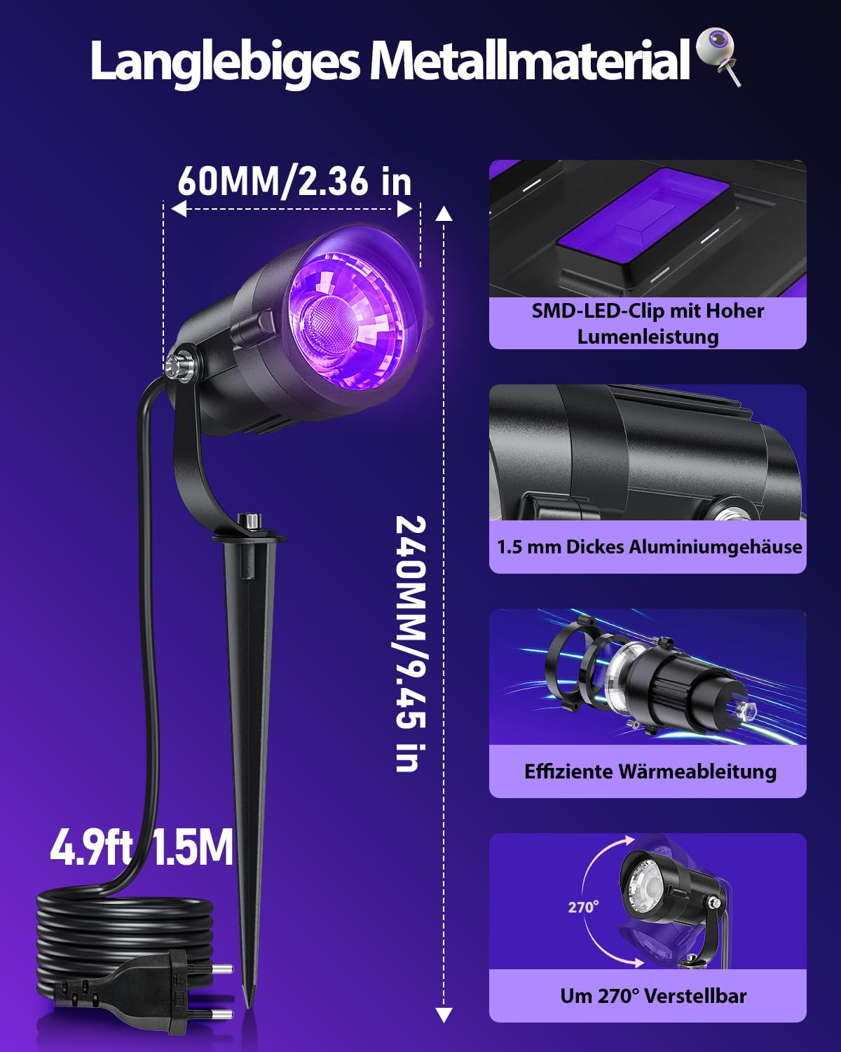 12W Schwarzlichtlampe mit 1.5M Kabel Stecker, Schwarzlicht Strahler Gartenstrahler Wasserdicht, 270° Drehwinkel Schwarzlicht Halloween Strahler für Party, Leuchtreklame, Neonfarben, Garten