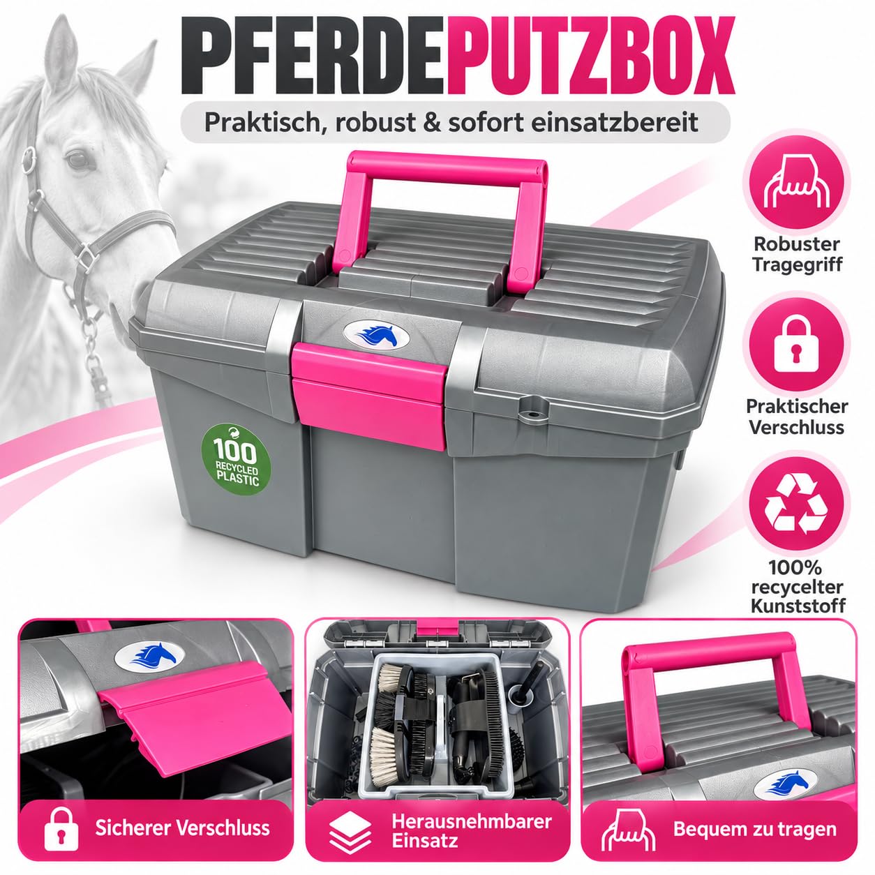 Putzbox für Pferde | 9-teiliges Komplettset | Grau