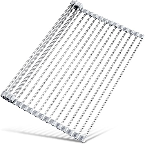 Tomorotec Escurridor de platos enrollable de acero inoxidable, bordes de silicona de color mármol, estante de cocina plegable resistente al calor,