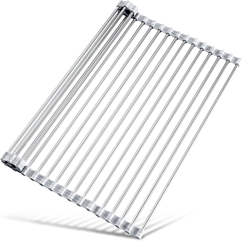Roll Up Dish Drying Rack Over Sink, 304 Steel, 17.7x15.5, Marble | Anti-Slip Silicone Rims For Grip, Heat-Resistant Trivet Mat Holding Heavy Cookware, Rustproof Kitchen Counter Space Saver