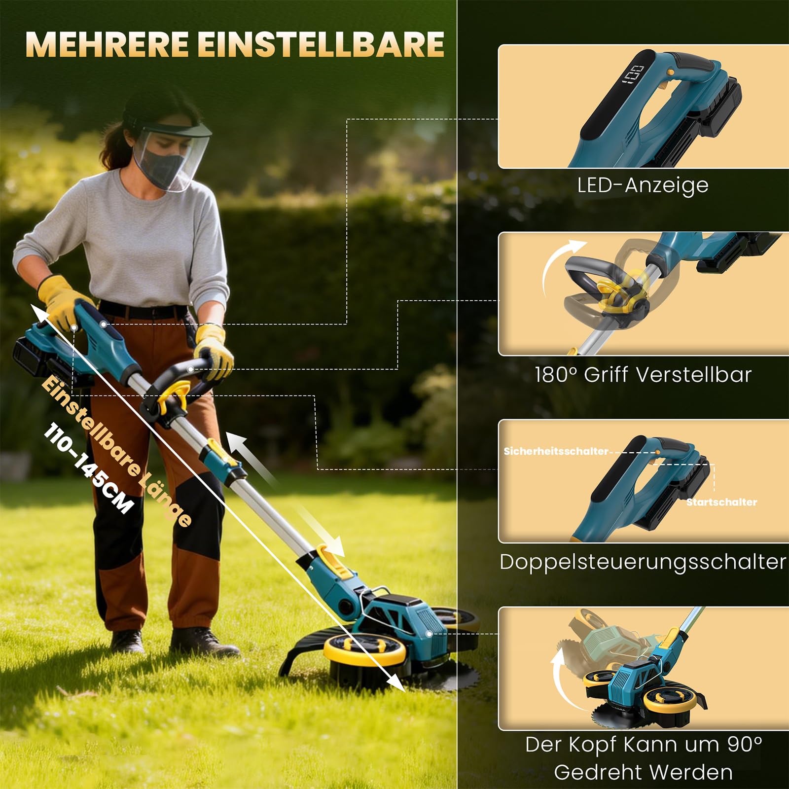 Rasentrimmer mit Akku und Unkrautbürste, Akku Rasentrimmer für Makita-Akkus mit 4 Klingentypen und 2X4.0Ah Akkus, 21V Bürstenlose Freischneider Akku für Garden Trimmen (Blau)