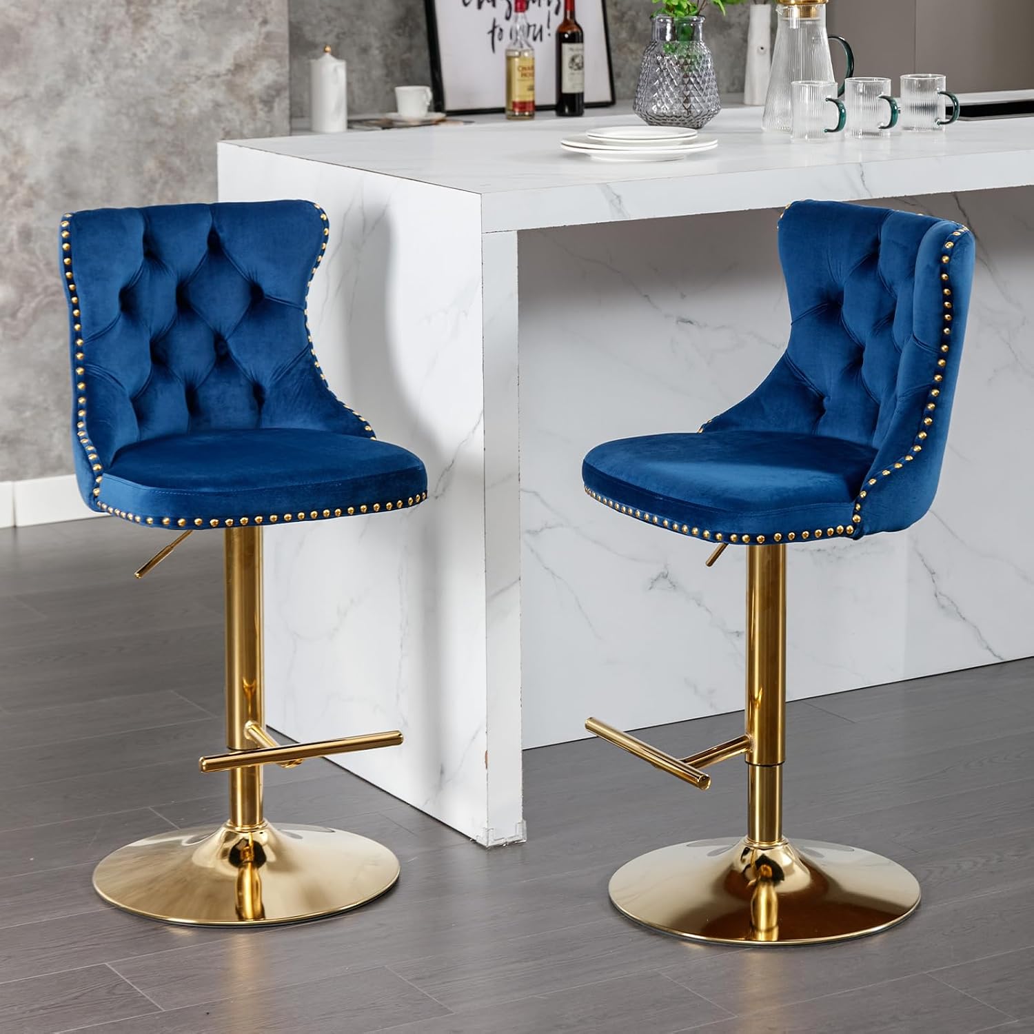 Modern Bar Stools Set of 2, Adjustable Height 25–33", Tufted Swivel Counter Height Chairs with Nailhead Trim, 360° Swivel, Velvet Barstools for Kitchen Island, Home Bar, Pub (Blue, Golden Base)