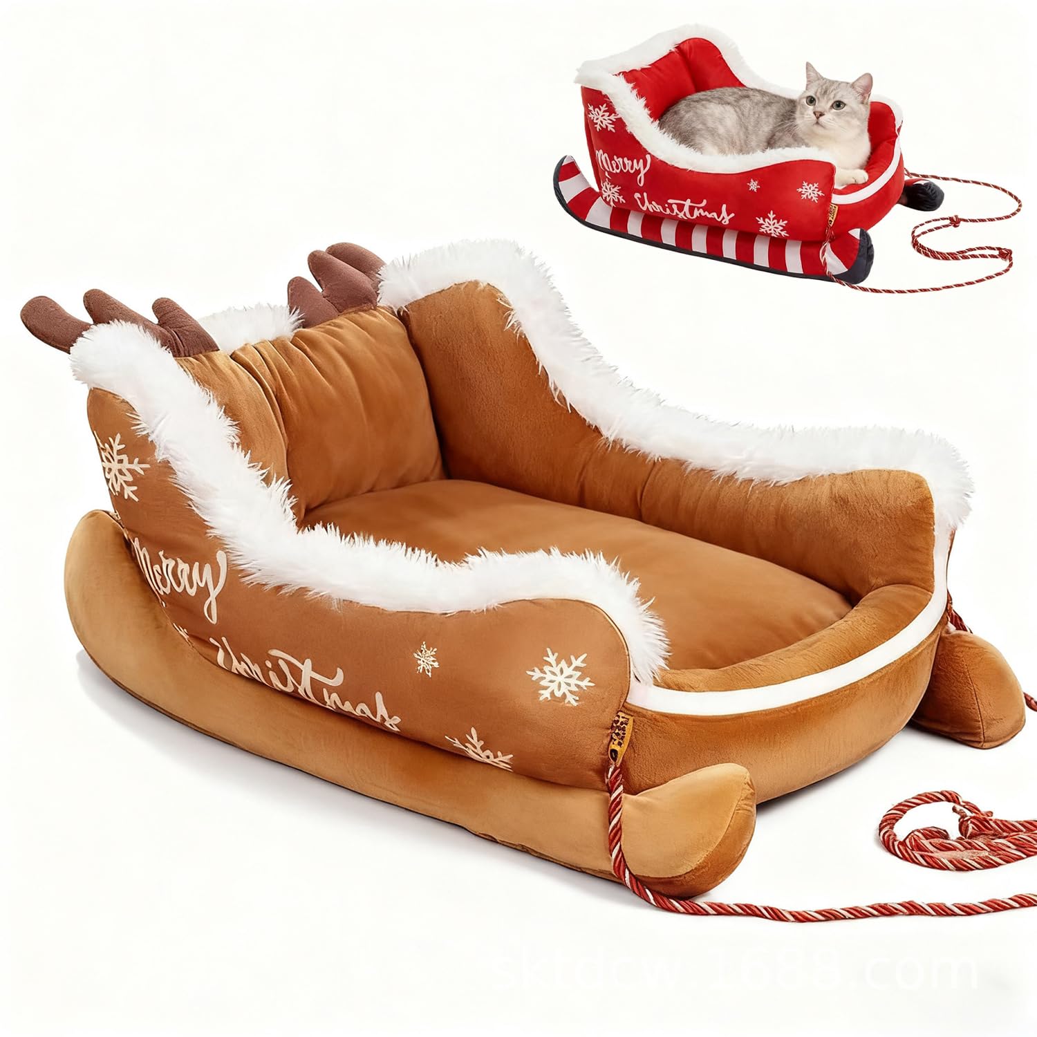 LZTET Extra Large Dog Sofa Bed,Style Christmas Sleigh Bed,Festive Plush Cosy,With Nonskid Bottom Washable,Santa Pet Festive Nest,For Winter Puppy Indoor Outdoor Outside(S,Brown)