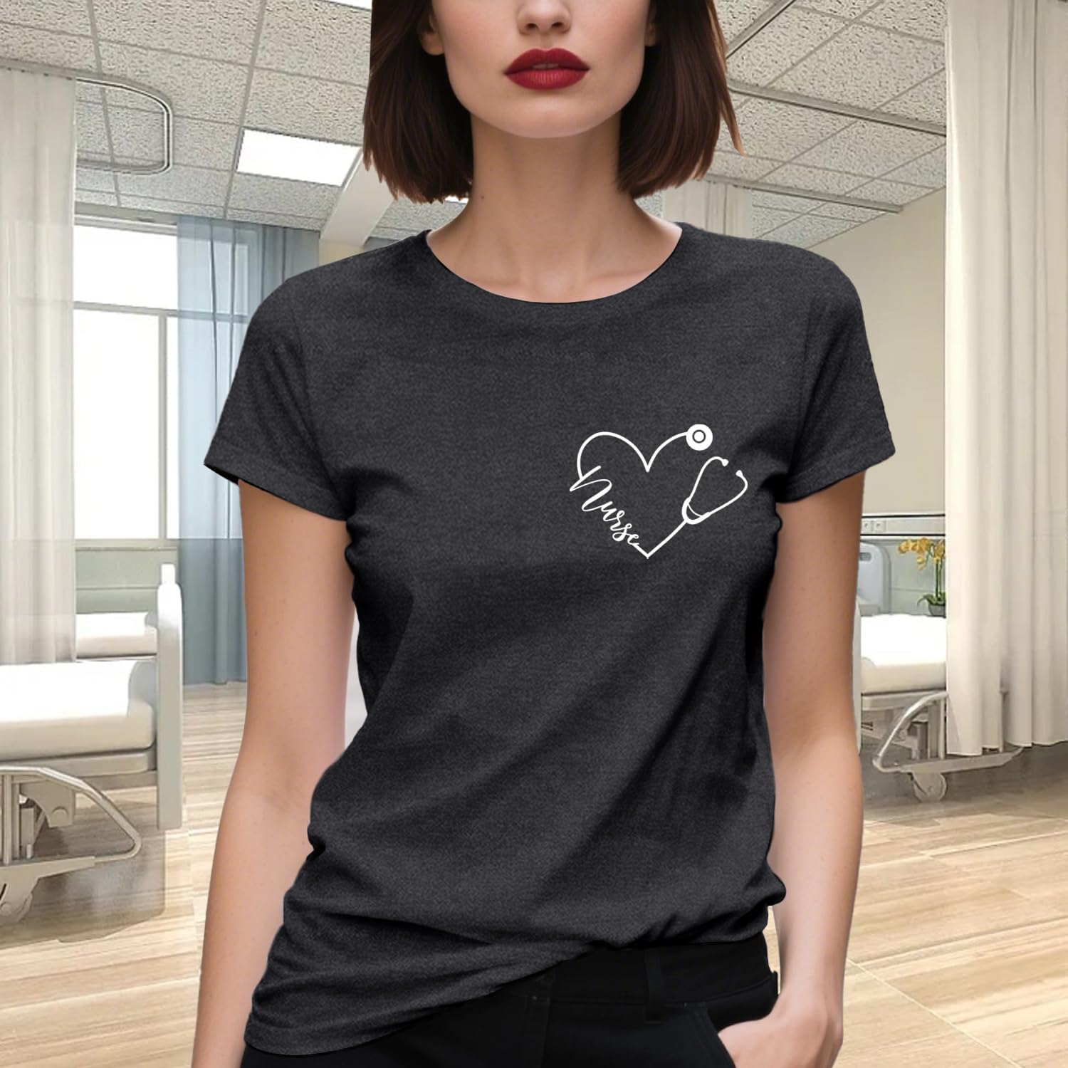 Nurse Shirts for Women Nurse Day T-Shirt Nursing Stethoscope Heart Tee Tops - Image 3