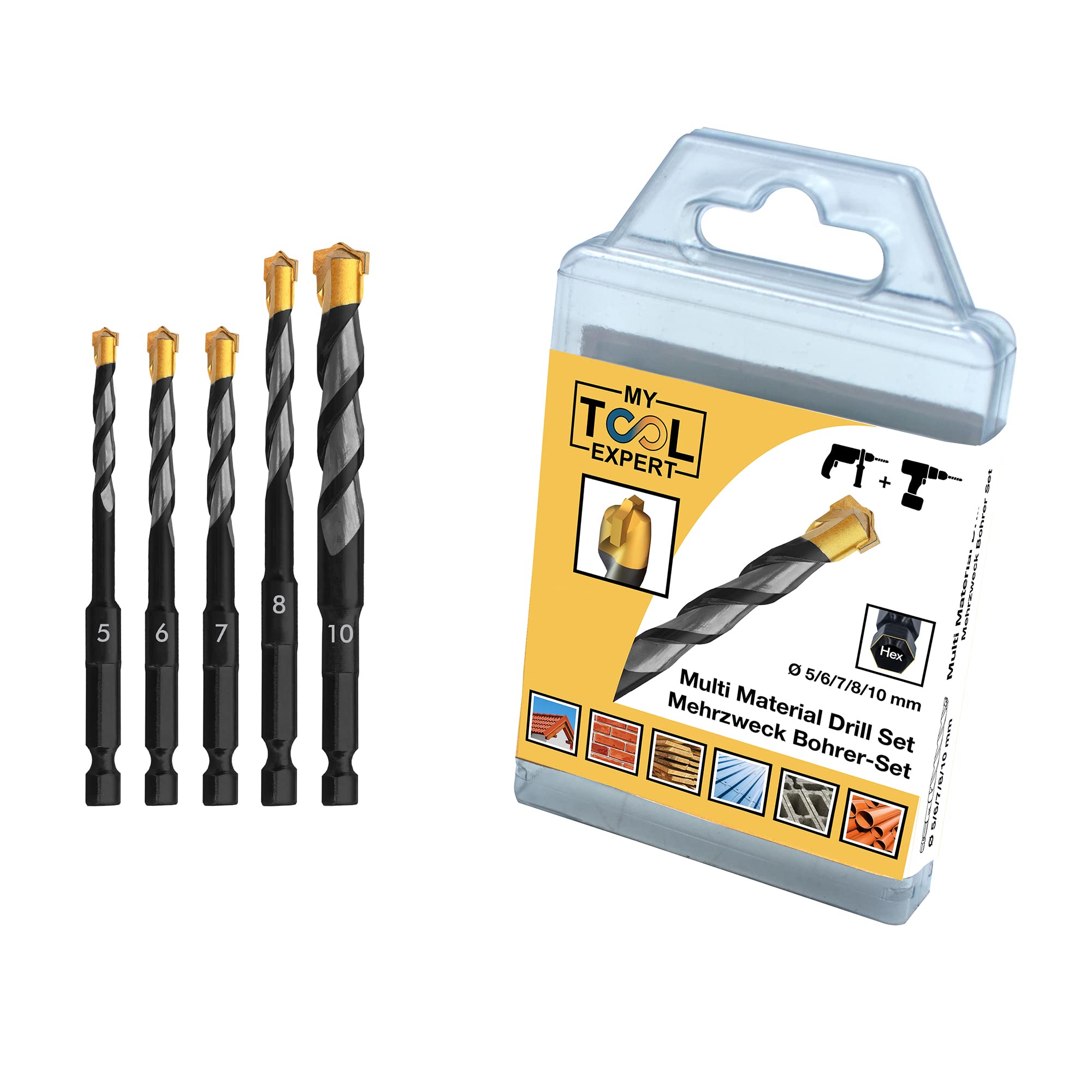 Ultimate Professional - Juego de 5 brocas multimaterial, 5,6,7,8,10 mm, Hex-9, rotativas y de impacto multiusos, para ladrillos, azulejos, madera, plástico, metal