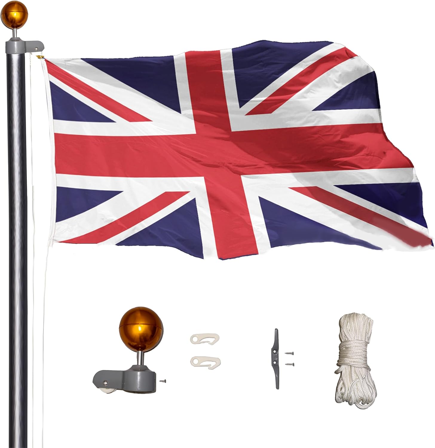 Sectional Flag Pole 6 Metre / 20 feet, WIth Pulley & Rope, 6 Sturdy Aluminium Poles, Easy Assembly Pole Kit Only