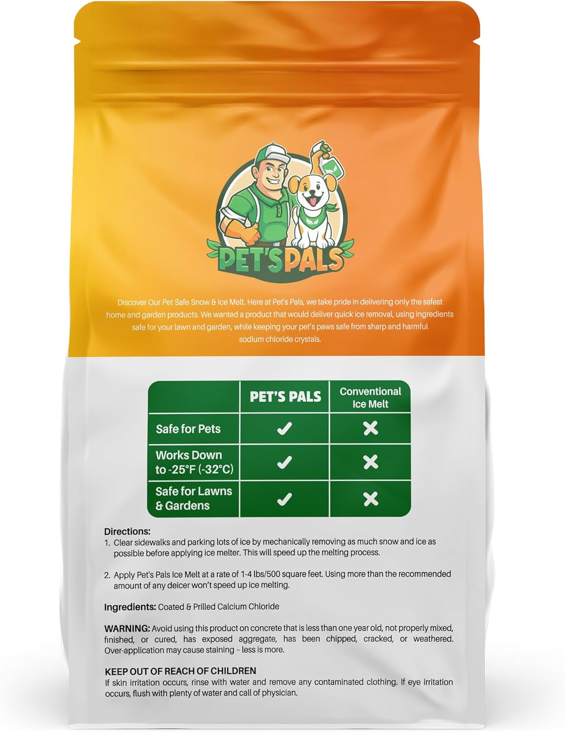 PET'S PALS - Pet Safe Snow & Ice Melt | Calcium Chloride | Works Under -25 °F | Safe for Concrete Driveway and Roof | Better Than Rock Salt | Safe for Kids and Pets (19 Lbs)