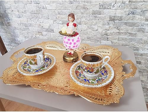 Miniatura 4 de Bandeja decorativa de té de café turco dorado, bandeja de decoración de mesa, bandeja de centro de mesa, bandeja de mesa de comedor, bandeja de