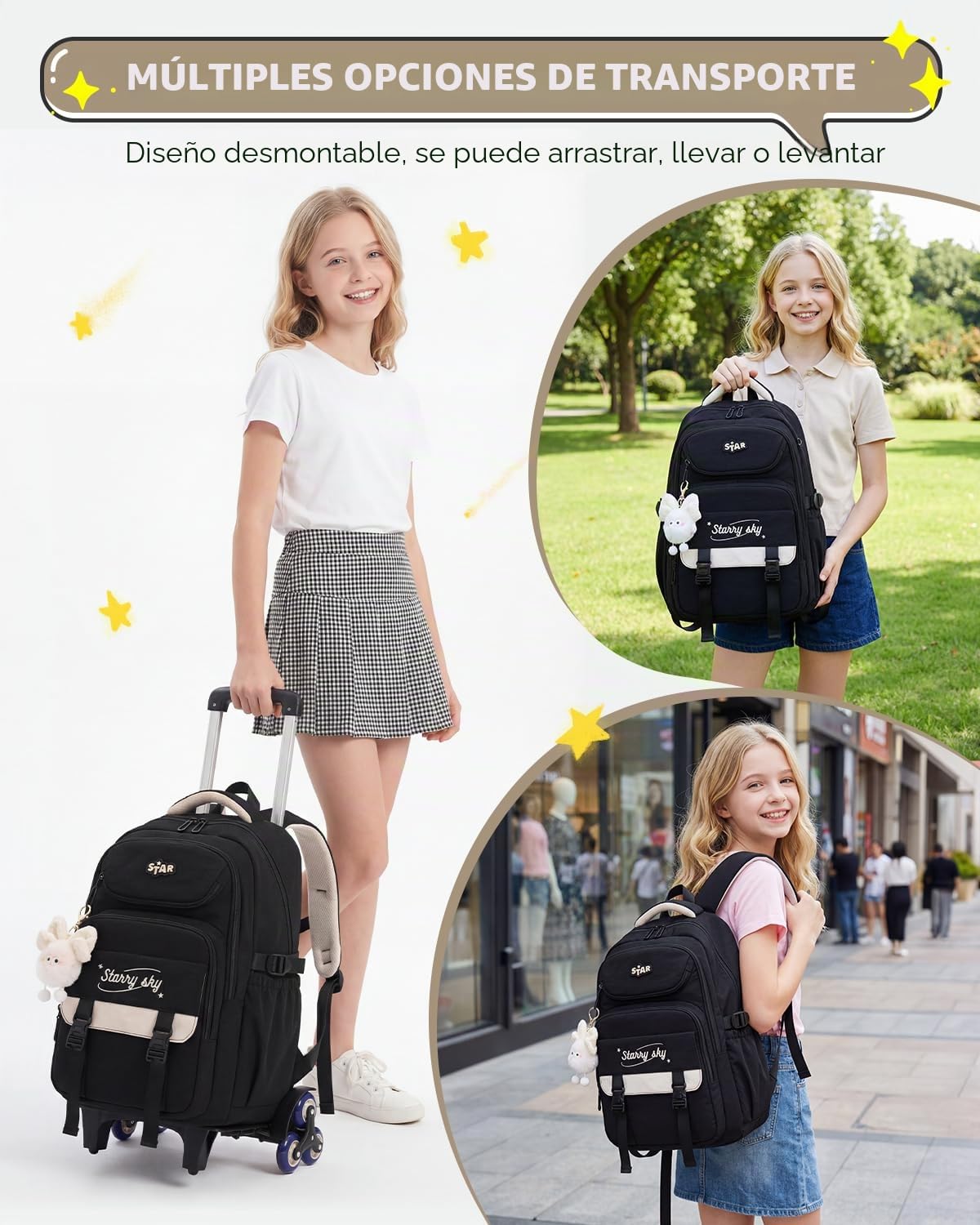 Amythe Mochila Ruedas Niña, 30L Mochilas Escolares con Carro Desmontable | Mochila Trolley Adolescente Chica para Primaria y Secundaria, 6 Ruedas Bolso Informal para Viajes, Negra
