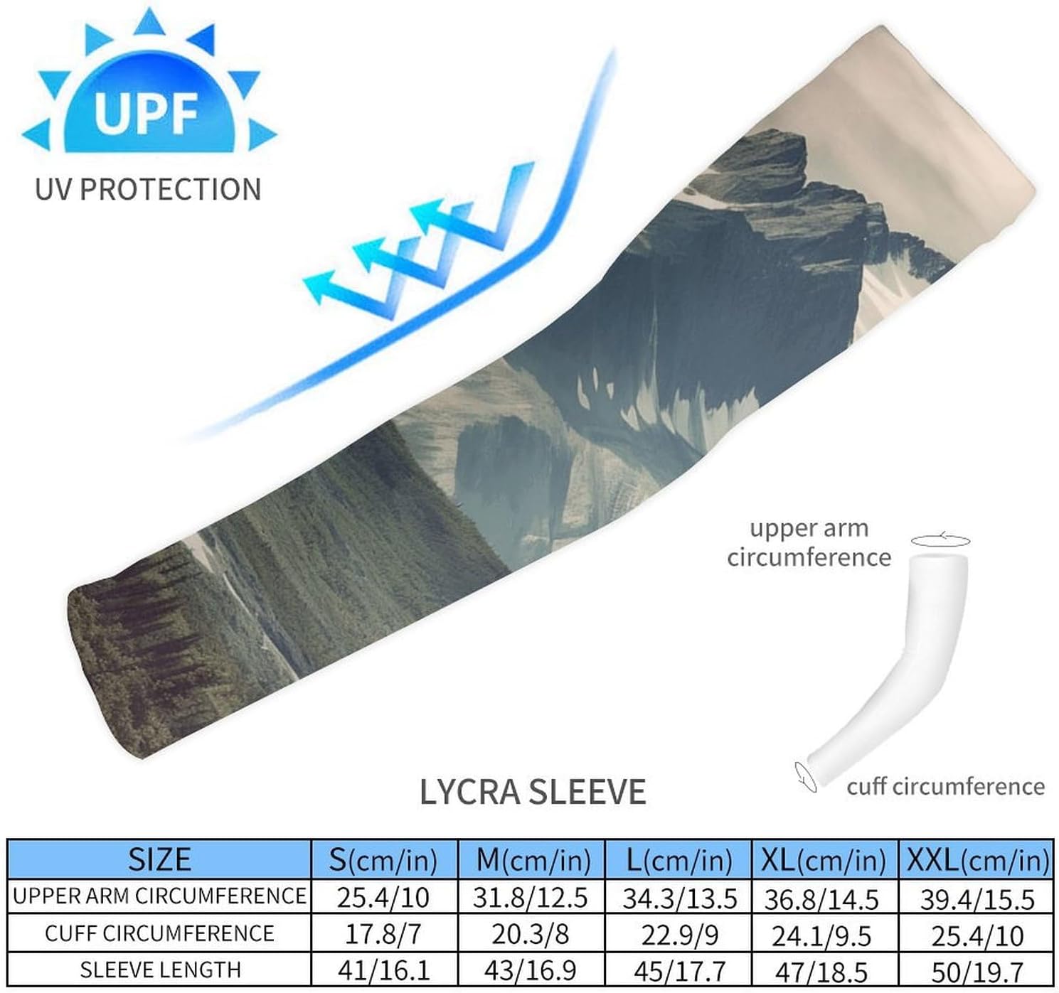 UV Sun Protection Cooling Arm Sleeves XX-Large (xx_l), Compression, Soft | Alaska Mountains Arm Covers for Sport, Breathable, Tattoo Cover Up, Portable Arm Brace for Women Men