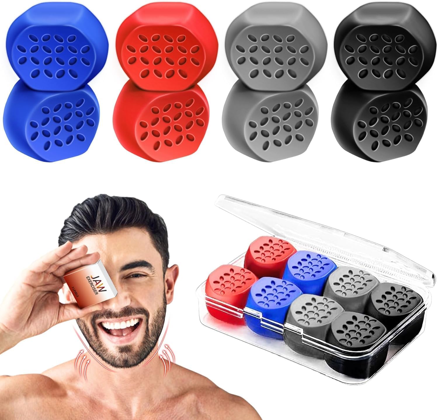 Jawline Exerciser for Men Women 6 Pcs Silicone Jaw Trainer Face Exerciser Powerful Trainer Slims Tones the Face for Multi-Level Users with Case (8 Packs)
