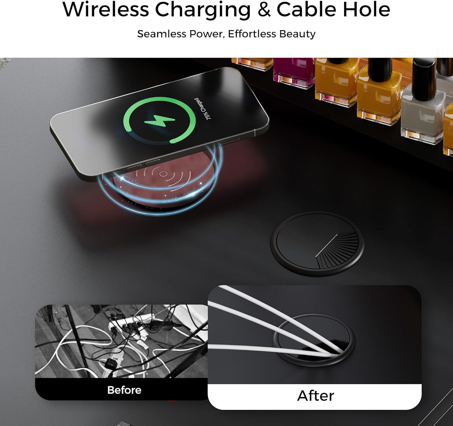 Manicure Table Nail Tech Desk w/Glass Top Drawer, Nail Tech Table w/Movable Shelves, Dust Collector, Wireless Charging, Cabinet, LED Lights, Acetone-Resistant Salon Workstation (Black)