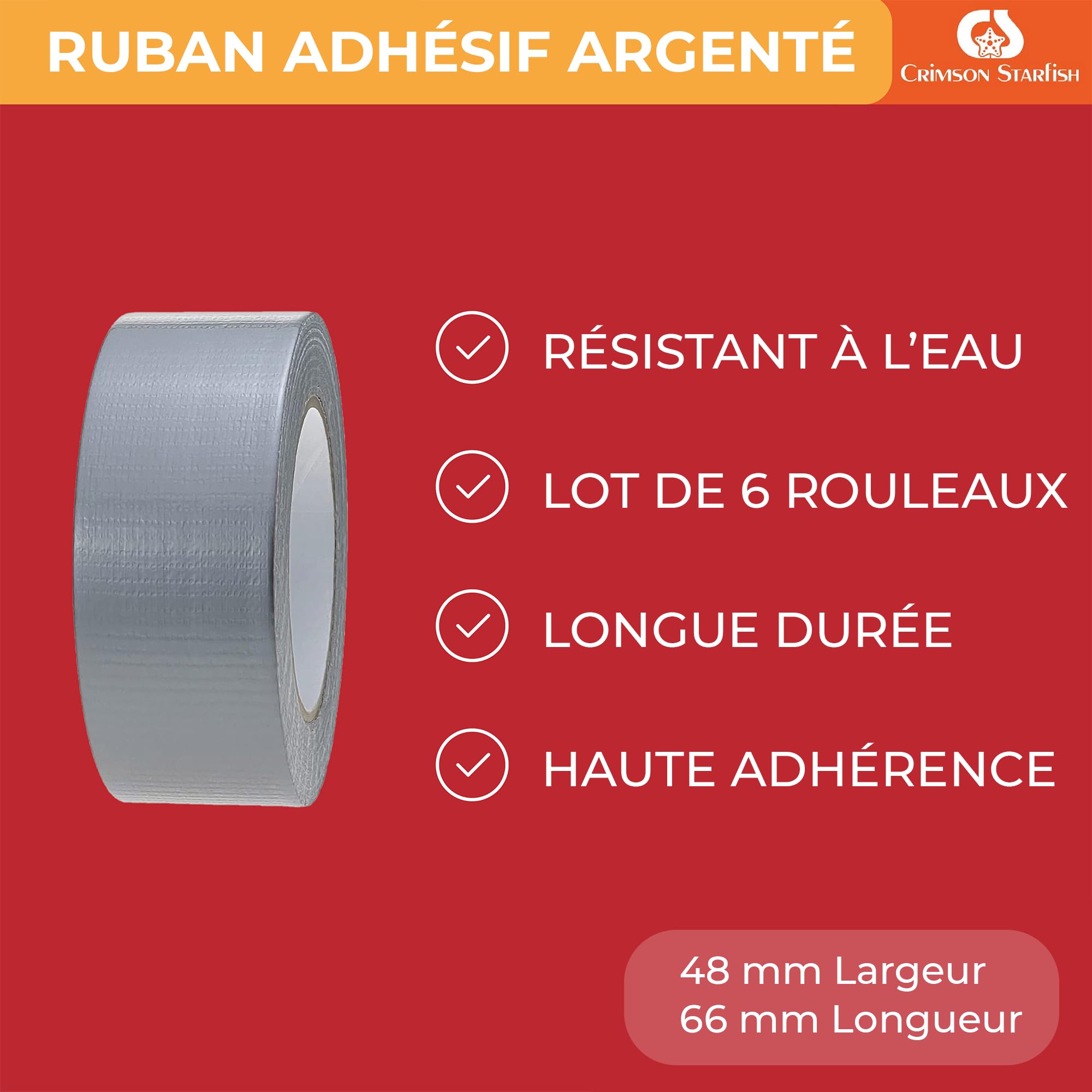 Crimson Starfish - Lot de 6 rouleaux de ruban adhésif Gaffer de 48 mm x 45 m - Résistant à l'eau - Ruban adhésif multi-usage pour intérieur/extérieur