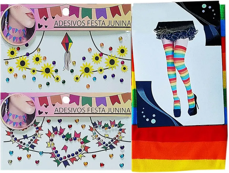Festa Junina Kit: Maquiagem Adesiva para o Rosto Face Jewels 2 Cartelas Sortidas + 1 Meia 7/8 Colorida Emília Arco Íris