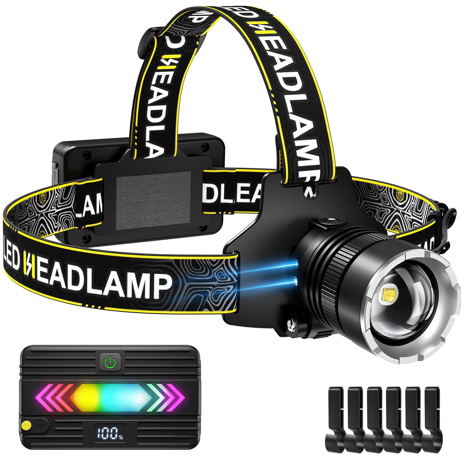 SPK Stirnlampe Wiederaufladbar 90000 Lumen Super Hell, 5 Modi Kopflampe mit Bewegungsmelder, Stirnlampe für Erwachsene Zoombar, Kopflampe für Camping & Hard Hat, Abnehmbares Power Pack & 13