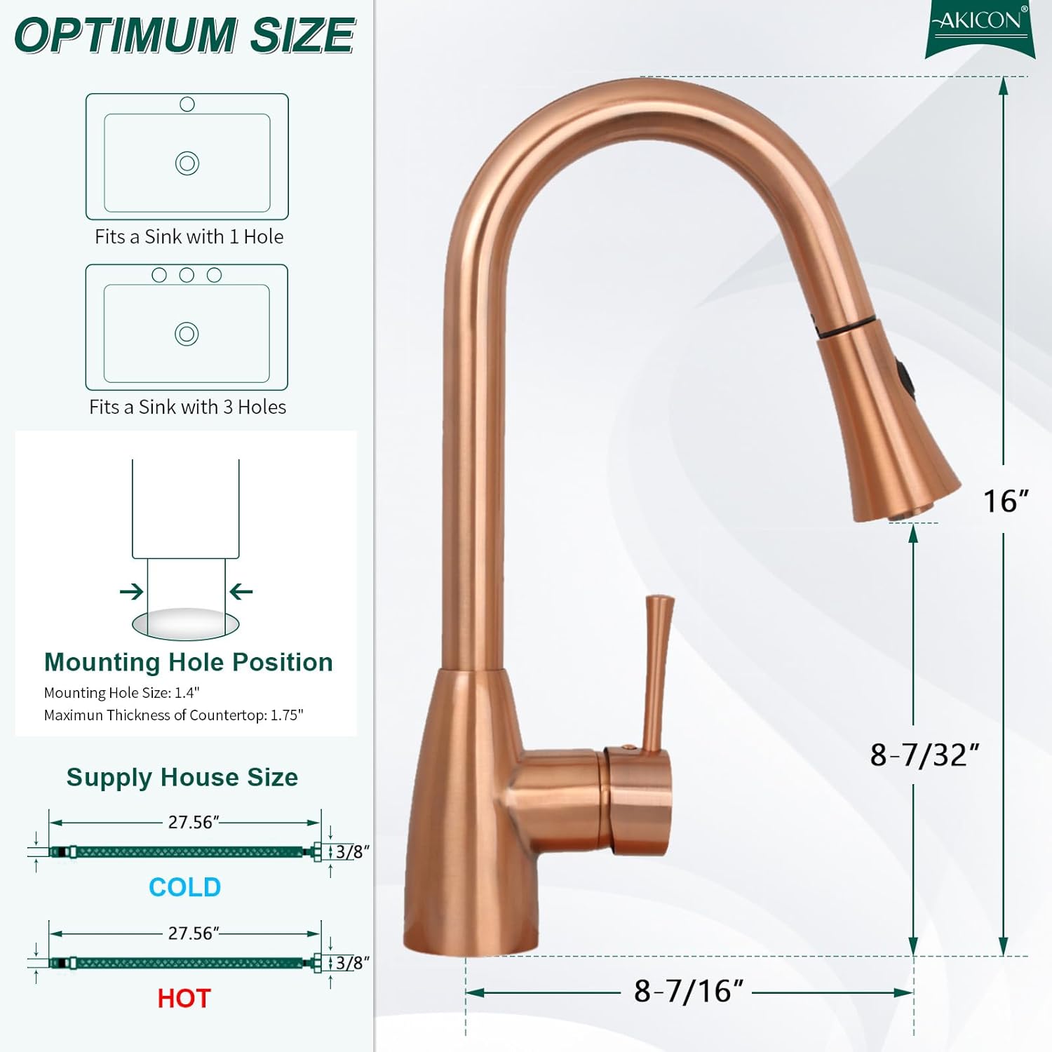Akicon One-Handle Pull-Down Copper Kitchen Faucet - Five Years Warranty Akicon