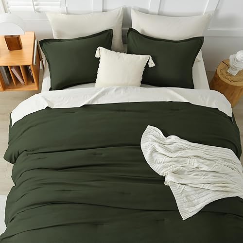 Miniatura 7 de Litanika Juego de edredón California King de 3 piezas, tamaño California King, color verde oliva oscuro, ligero, suave, liso, de verano, juego de