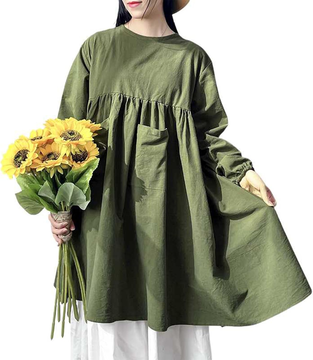 Large Size Kitchen Aprons for Women Korean Style Cotton Long Sleeves With Pockets Adjustable Apron