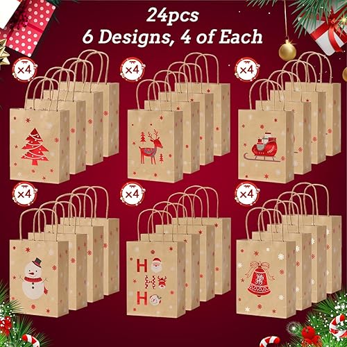 Miniatura 7 de Vammy Paquete de 24 pequeñas bolsas de regalo de Navidad con asas, 6 diseños, bolsas de papel kraft de Navidad a granel para Navidad, fiestas y