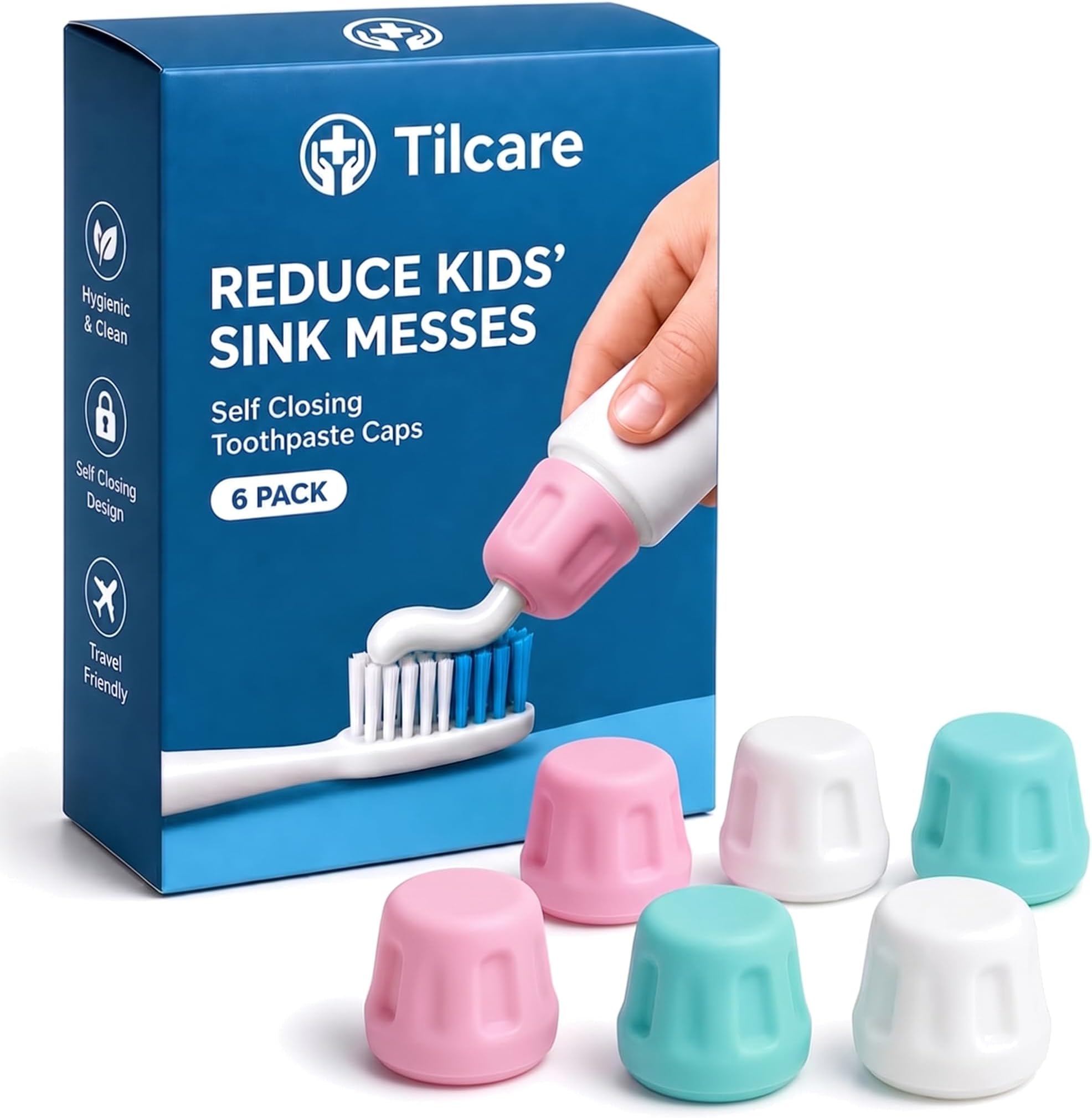 Self Closing Toothpaste Caps 6-Pack by Tilcare - No Waste Cap Dispensers for Adult and Kids Bathroom - Mess-Free Toothpaste Lids - Easy to Use, Food Grade Silicone and BPA-Free Toppers