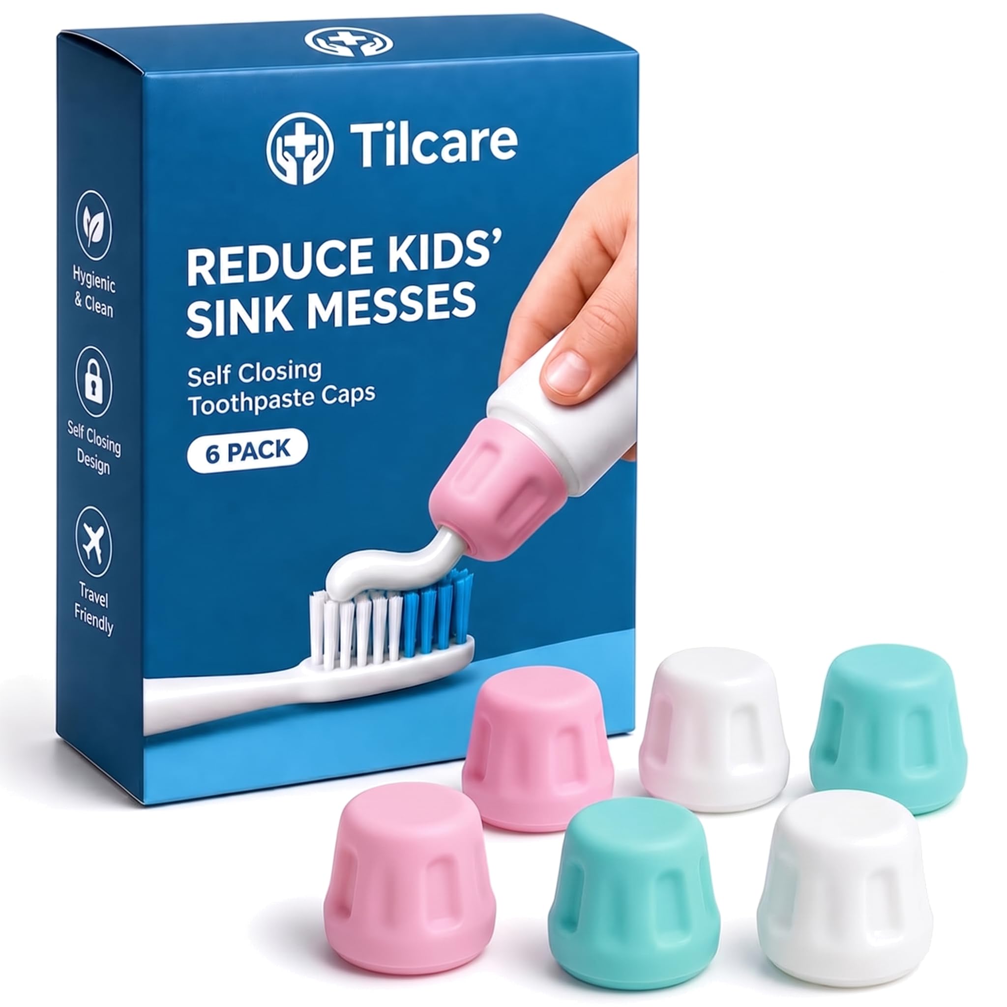 Self Closing Toothpaste Caps 6-Pack by Tilcare - No Waste Cap Dispensers for Adult and Kids Bathroom - Mess-Free Toothpaste Lids - Easy to Use, Food Grade Silicone and BPA-Free Toppers
