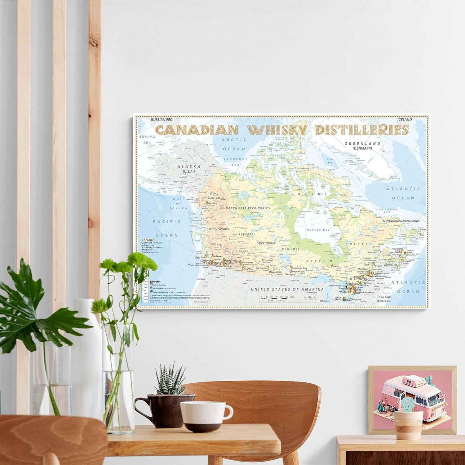 Canada Whisky Distilleries Map Poster - Detailed Art Print of Major Canadian Distilleries Locations - Wall Art for Home Bar, Living Room, Office Decor 16x24in Framed