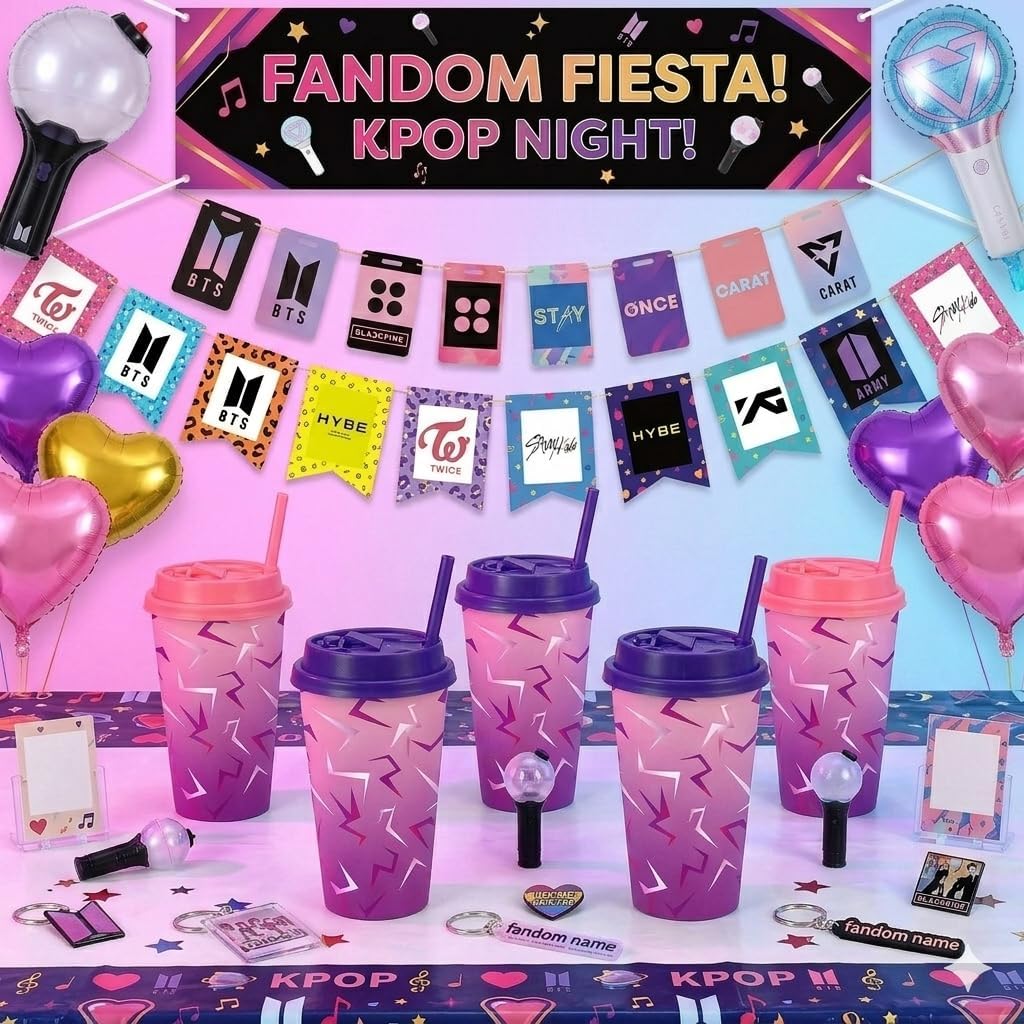 Kpop Party Favors Include 12 Pcs K-pop Cups with Lids and Straws, 16oz Plastic Party Cups for Kpop Birthday Decorations, Music Movie Popular Singer Birthday Party Supplies