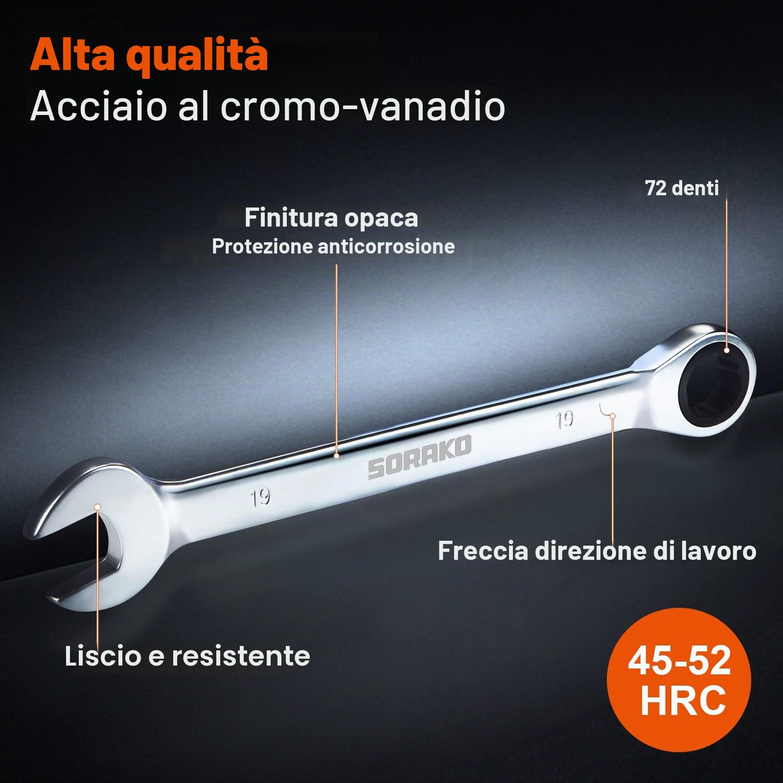 SORAKO Set di chiavi a cricchetto, 12 pezzi, chiavi combinate a 72 denti, ingranaggi a cricchetto da 8-19 mm, set di chiavi combinate a testa fissa, in sacchetto arrotolato