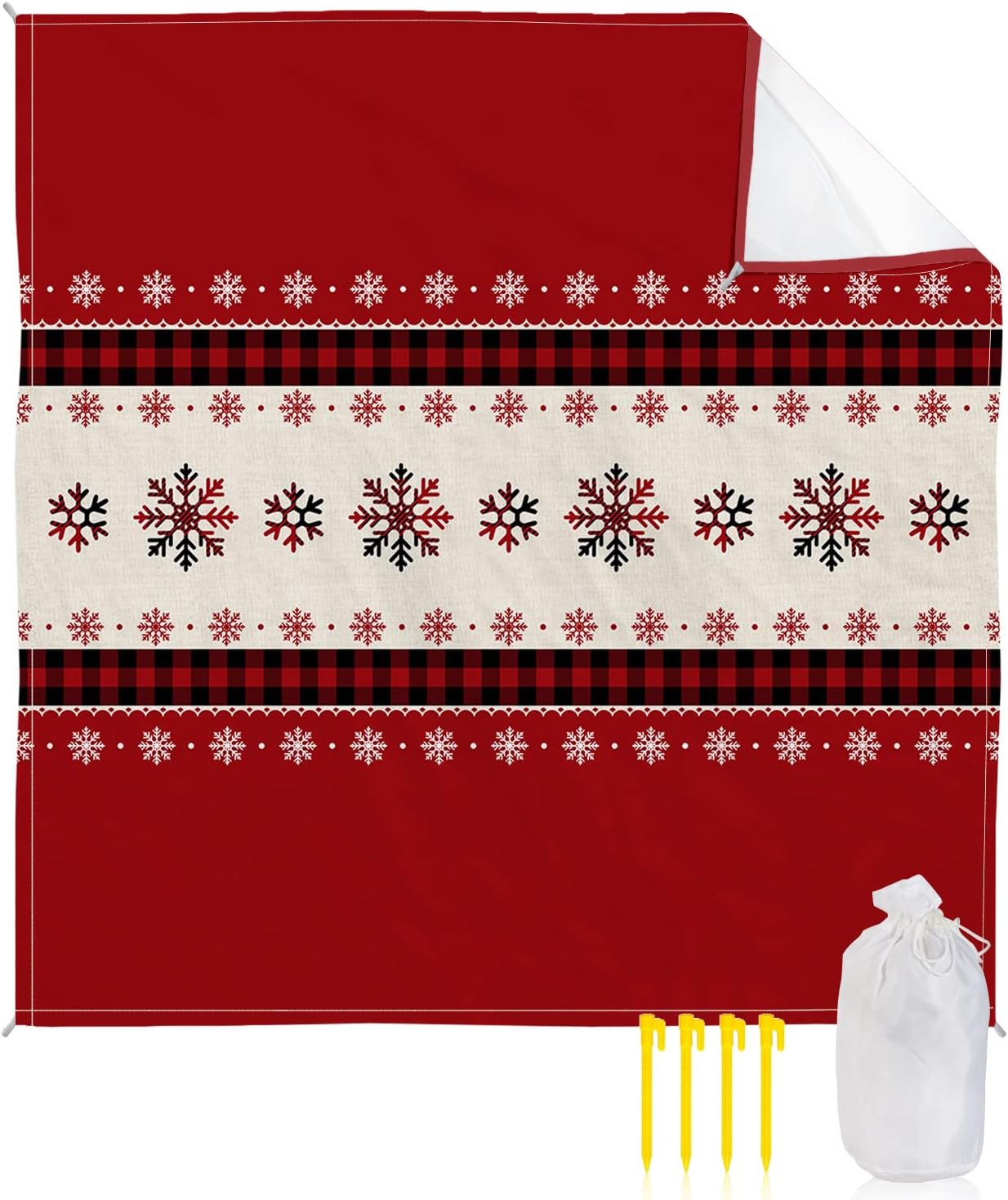 Retro Ethnic Christmas Snowflake Beach Blanket Waterproof Sandproof Outdoor Picnic Mat 108"x84" Red Black Buffalo Check Lightweight Large Beaach Blankets with 4 Stake & 4 Corner Pockets
