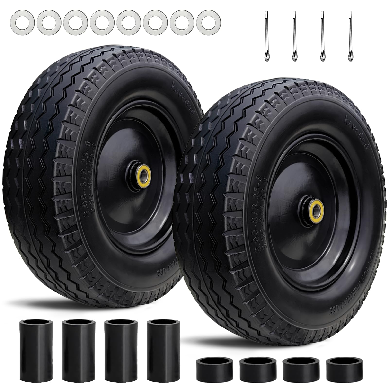 14.5" Tire and Wheel Flat Free, Replacement Solid Tire Fits 4.80/4.00-8, 3.50/2.50-8, 4.00-6, 4.00-8, with 5/8" Bearing, Adjustable 3"-7" Hub for Hand Truck, 2 Pack