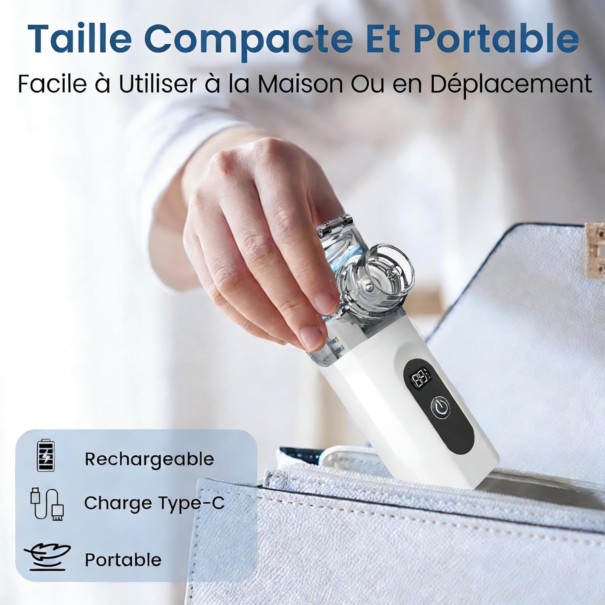 Nebulisateur Portable Silencieux, Nébuliseur pour Adulte et Enfant avec Ecran Digital, Aerosol Inhalateur avec 2 Masques Adulte et Enfant Embout Buccal Recharge USB-C pour la Maison et les Voyages