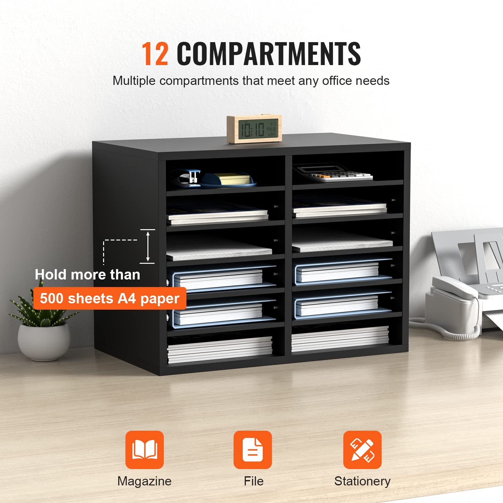 VEVOR Organizador de Literatura de madera Aglomerado Estante de Almacenamiento de Documentos de 12 Compartimentos 52x30,5x41 cm Clasificador de Literatura con Estantes Ajustables para Oficina, Negro